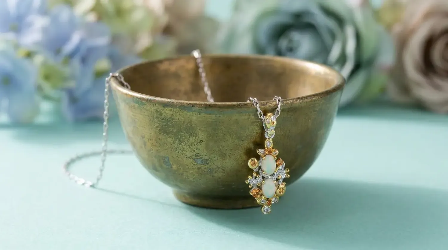 Preview: Halskette Melinda 925 Sterling Silber Vergoldet mit äthiopischem Opal & Saphiren